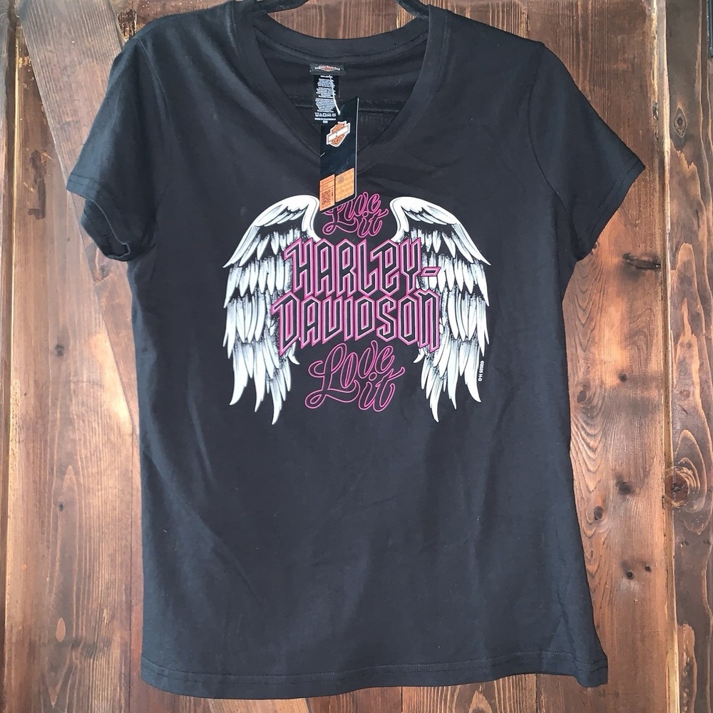 Harley Davison Women's Tee Shirt Live It Love It Angel Wings SM Black NWT